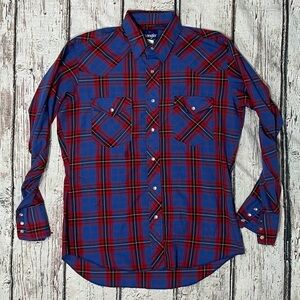 Vintage Wrangler Western Pearl Snap Rockabilly Plaid Button Down Shirt